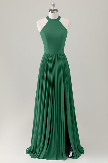 Vestido de dama de honor largo halter azul grisáceo con abertura